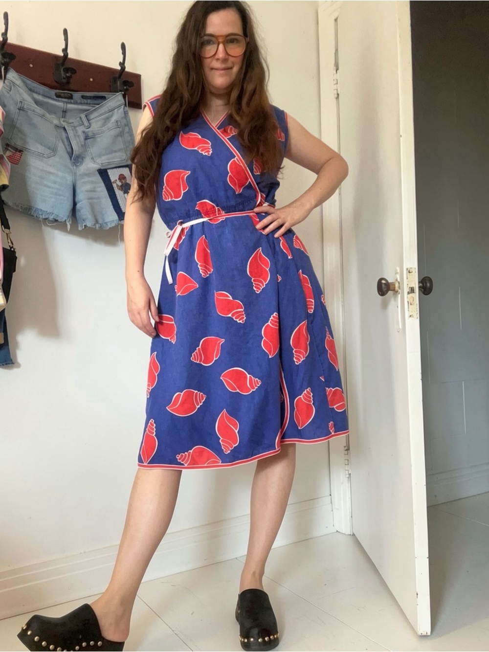 Vintage cotton adorable 80’s Blue Wrap Dress with Red Shell Print
